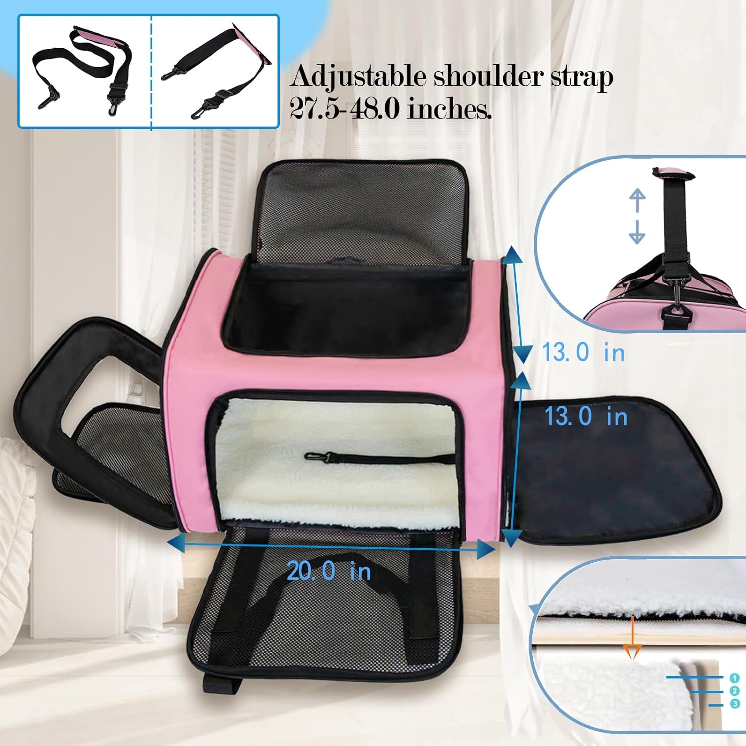 Dog Cat Carrier Pet Carriers for Large Cats Small Dogs Carrier Soft Sided Puppy up to 25Lbs Dog Carrier Portable Foldable Dog Cat Travel Carrier (Large-Pink-20 * 13 * 13)