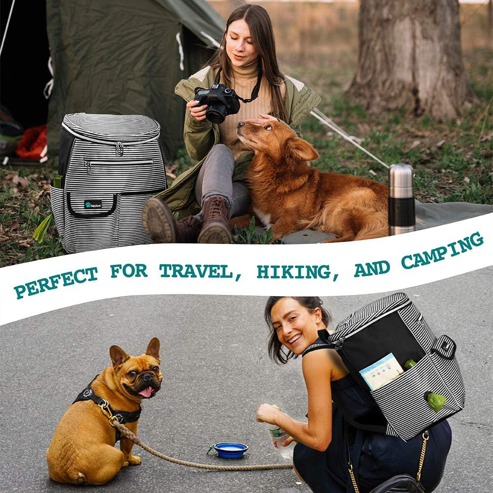 Travel Bag Backpack for Dogs, Airline Approved, Puppy Diaper Supplies, Pet Camping Essentials, Hiking Accessories, Food Container, Collapsible Bowls, Stripe Black