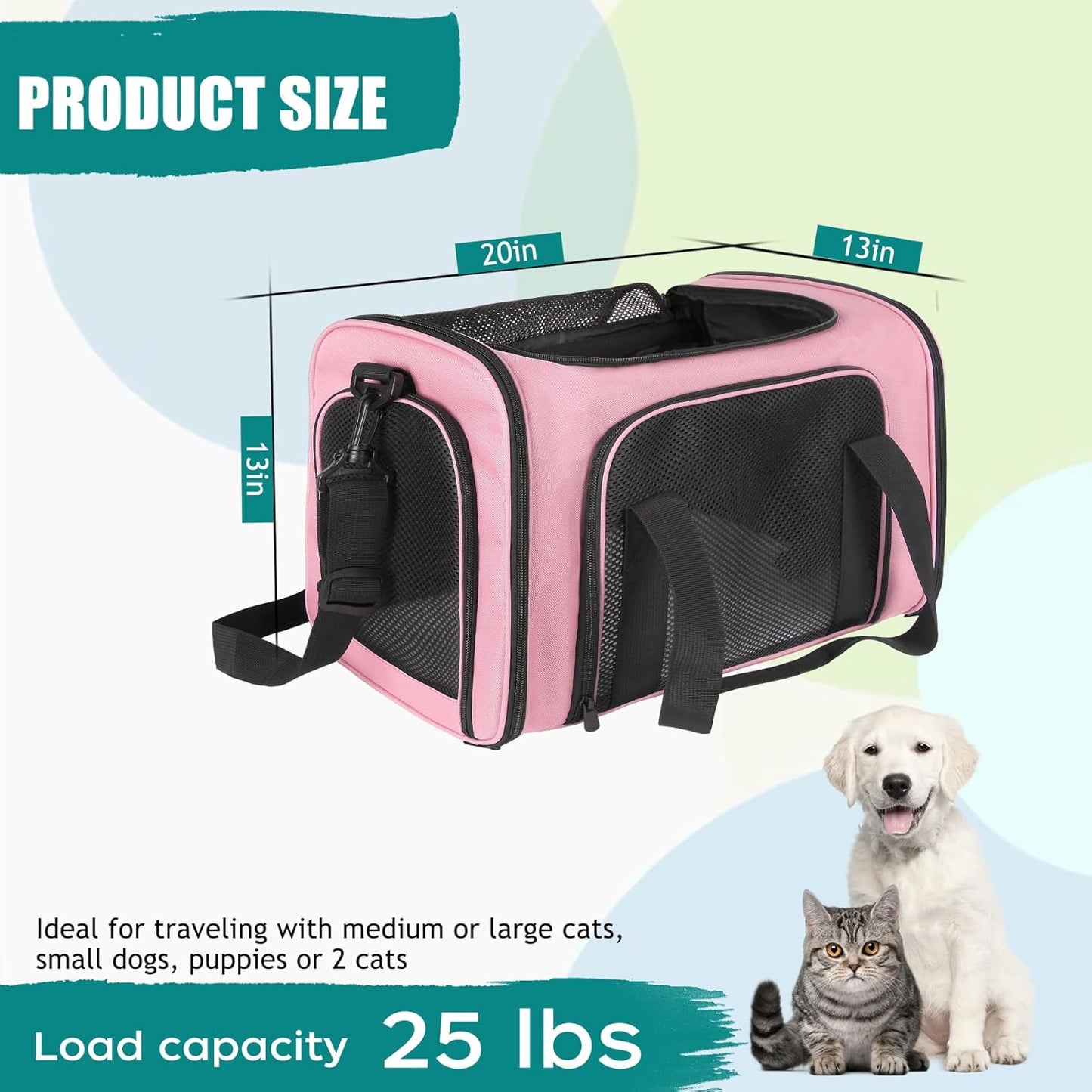 Dog Cat Carrier Pet Carriers for Large Cats Small Dogs Carrier Soft Sided Puppy up to 25Lbs Dog Carrier Portable Foldable Dog Cat Travel Carrier (Large-Pink-20 * 13 * 13)