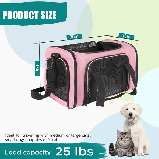 Dog Cat Carrier Pet Carriers for Large Cats Small Dogs Carrier Soft Sided Puppy up to 25Lbs Dog Carrier Portable Foldable Dog Cat Travel Carrier (Large-Pink-20 * 13 * 13)